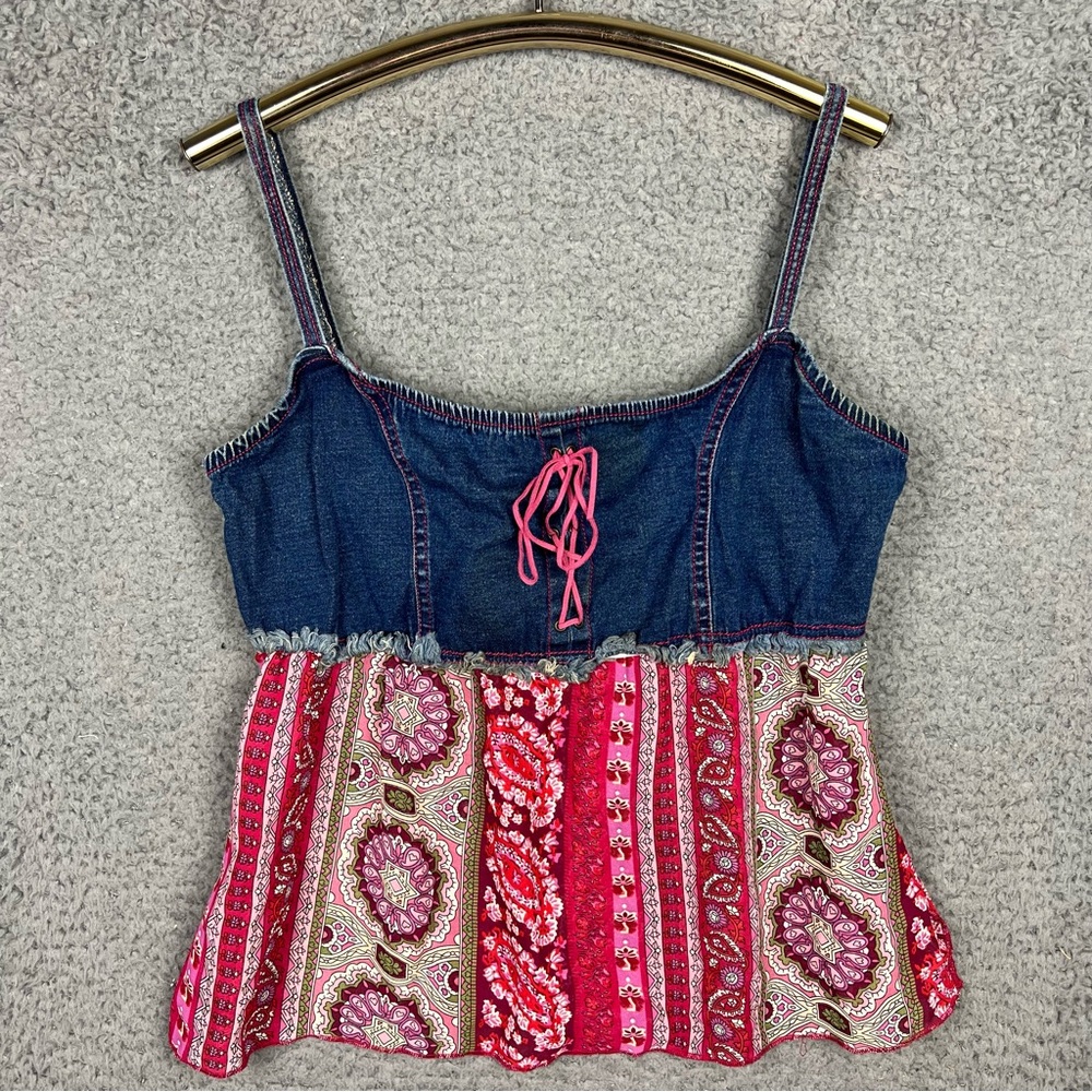 VTG 90s/Y2K Boho Denim‎ Babydoll Pink Top Paisley Strappy Flowy Barbiecore Lg/XL